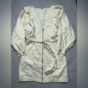 Free People light yellow cotton zipper front long sleeve mini dress size small